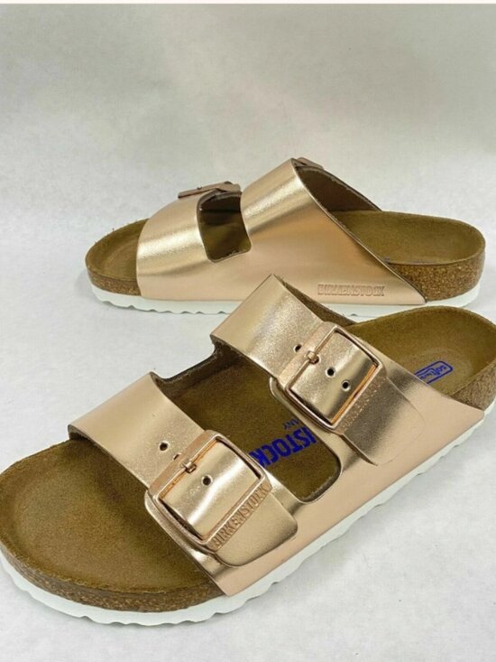 Birkenstock Arizona Metallic Copper Natural Leather Soft Footbed Narrow Width